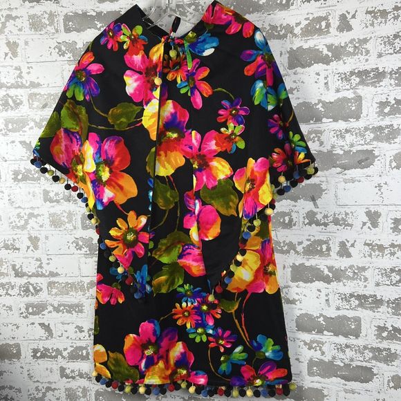 Vtg GoGo Dress Sz M Matching Shawl & Skirt‎ Handmade Bright Flowers Pom Pom Trim - Picture 2 of 16